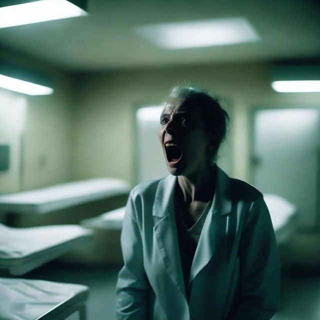 A chilling scene in a morgue where a woman is screaming in terror