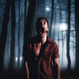 A very attractive young man is screaming in the woods on a Halloween night