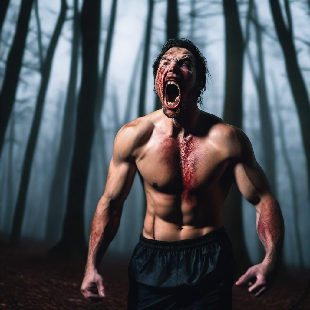 A very attractive athletic young man is screaming in the woods on a Halloween night