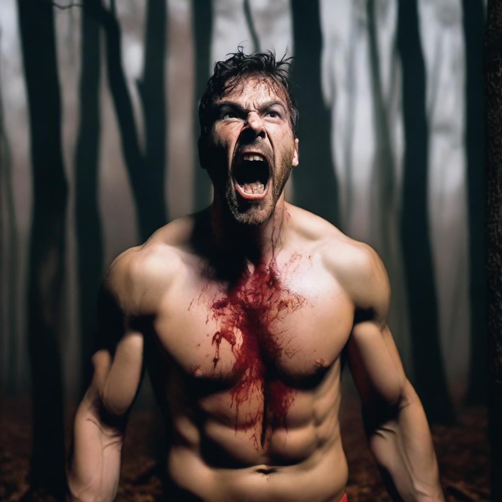 A very attractive athletic young man is screaming in the woods on a Halloween night