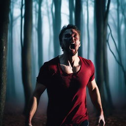 A very attractive athletic young man is screaming in the woods on a Halloween night