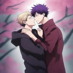 A full-body anime-style image inspired by Jujutsu Kaisen, featuring a romantic couple