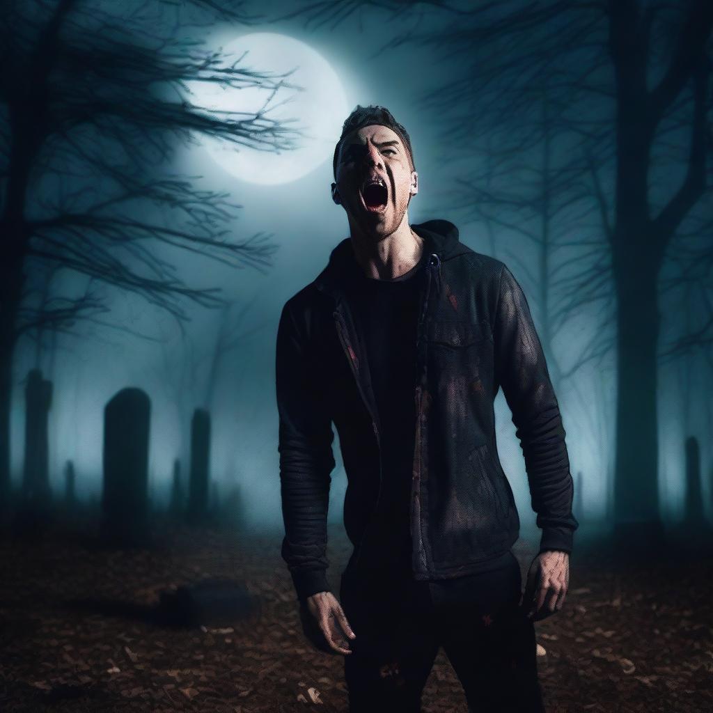 A very attractive athletic young man is screaming in a cemetery on a Halloween night