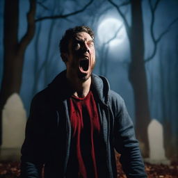 A very attractive athletic young man is screaming in a cemetery on a Halloween night