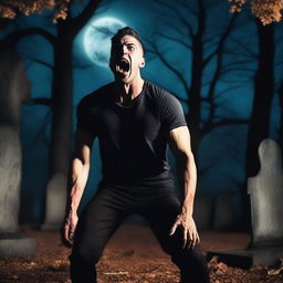 A very attractive athletic young man is screaming in a cemetery on a Halloween night