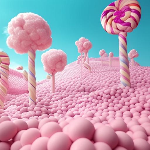 A vibrant, whimsical land made entirely of colorful bubble gum. Pink and turquoise rolling hills, soaring candy cane trees, gummy bear inhabitants, bubble gum blowing flowers, and a sky filled with cotton candy clouds.