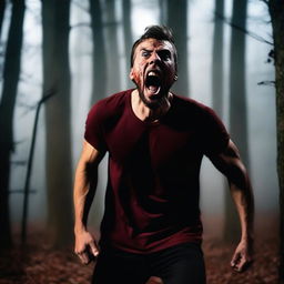 A very attractive athletic young man is screaming in the woods on a Halloween night