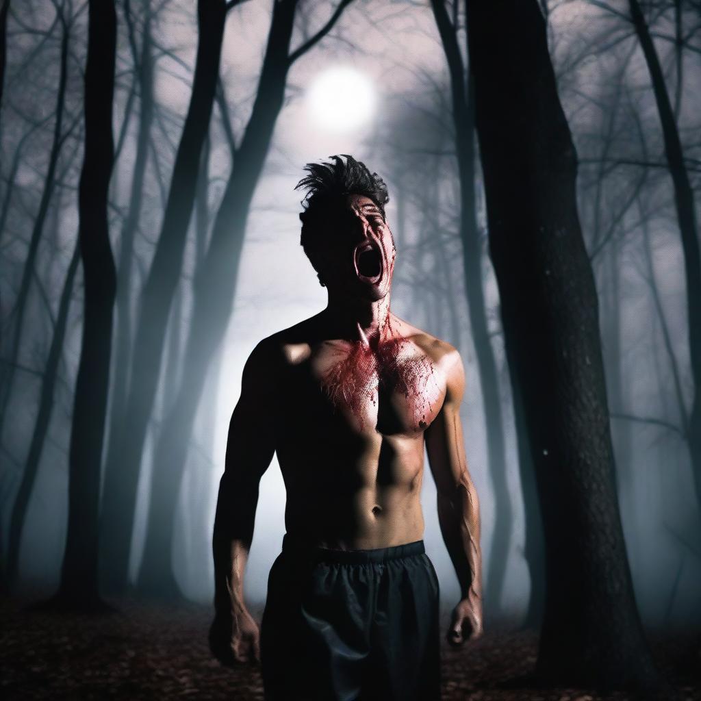 A very sexy athletic young man is screaming in the woods on a Halloween night