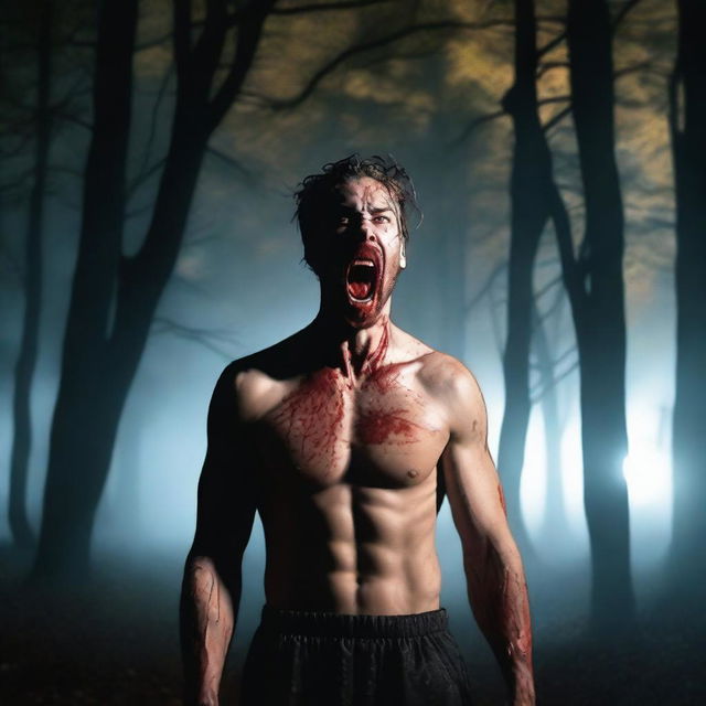 A very sexy athletic young man is screaming in the woods on a Halloween night