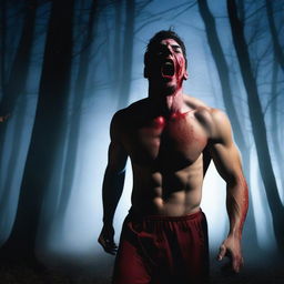 A very sexy athletic young man is screaming in the woods on a Halloween night