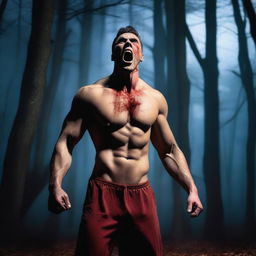 An extremely sexy athletic young man is screaming in the woods on a Halloween night