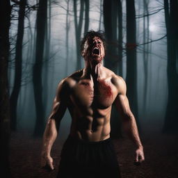 An extremely sexy athletic young man is screaming in the woods on a Halloween night