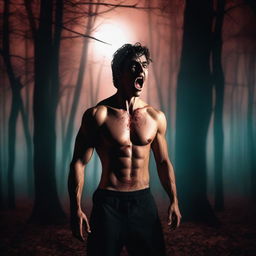 An extremely sexy athletic young man is screaming in the woods on a Halloween night