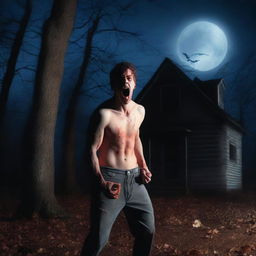 A very attractive, sexy, athletic young man is screaming near a haunted house in the woods on a Halloween night