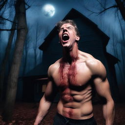 A very attractive, sexy, athletic young man is screaming near a haunted house in the woods on a Halloween night