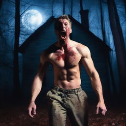 A very attractive, sexy, athletic young man is screaming near a haunted house in the woods on a Halloween night