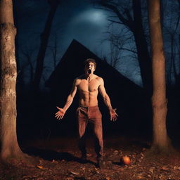 A very attractive, sexy, athletic young man is screaming near a haunted house in the woods on a Halloween night