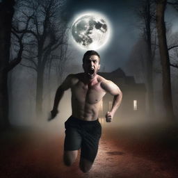 A very attractive, sexy, athletic young man is screaming and running through the woods on a Halloween night