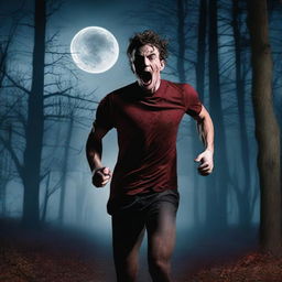 A very attractive, sexy, athletic young man is screaming and running through the woods on a Halloween night