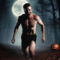 A very attractive, sexy, athletic young man is screaming and running through the woods on a Halloween night