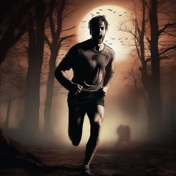 A very attractive, sexy, athletic young man is screaming and running through the woods on a Halloween night