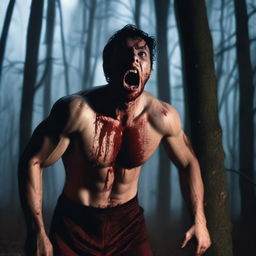 A very attractive, sexy, athletic young man is screaming in the woods on a Halloween night