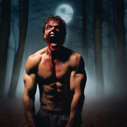 A very attractive, sexy, athletic young man is screaming in the woods on a Halloween night