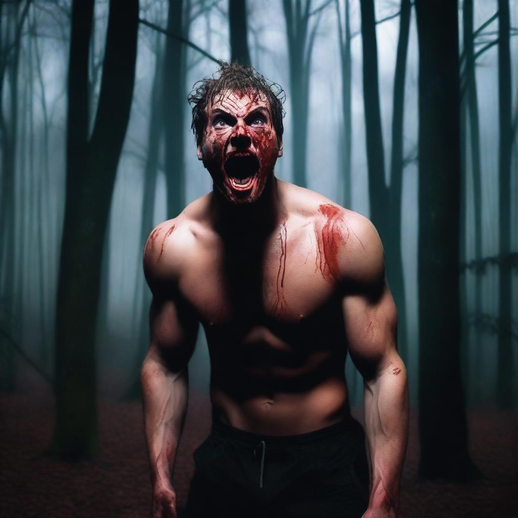 A very attractive, sexy, athletic young man is screaming in the woods on a Halloween night