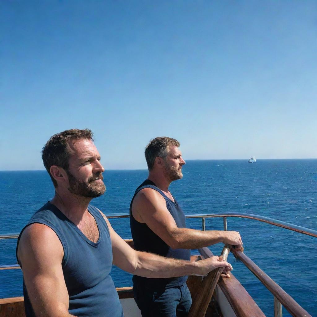 Two rugged men at sea, one steering the ship and the other looking out to the horizon, surrounded by the blue, vast ocean under a serene azure sky.