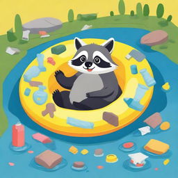 A raccoon floating on a yellow ring in a pond filled with trash