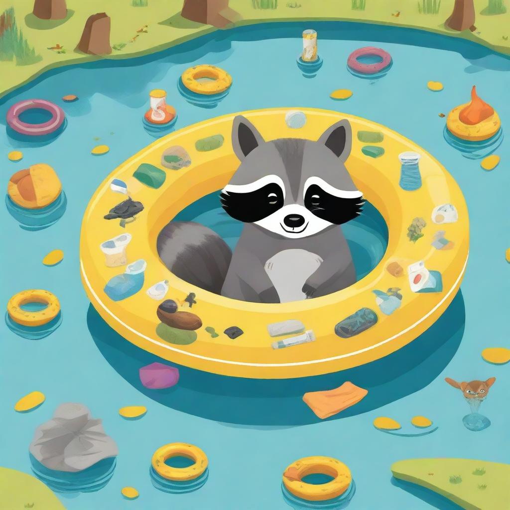 A raccoon floating on a yellow ring in a pond filled with trash