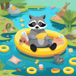 A raccoon floating on a yellow ring in a pond filled with trash