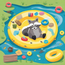 A raccoon floating on a yellow ring in a pond filled with trash