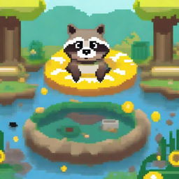 Pixel art of a happy raccoon floating in a pond filled with trash on a yellow inflatable ring