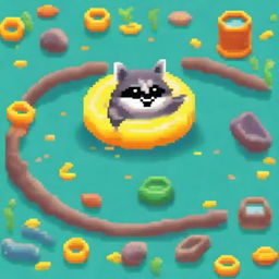 Pixel art of a happy raccoon floating in a pond filled with trash on a yellow inflatable ring