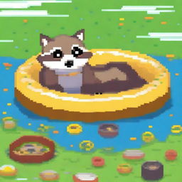 Pixel art of a happy raccoon floating in a pond filled with trash on a yellow inflatable ring