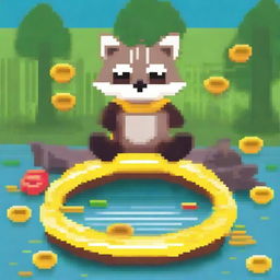 Pixel art of a happy raccoon floating in a pond filled with trash on a yellow inflatable ring