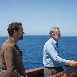 Two rugged men at sea, one steering the ship and the other looking out to the horizon, surrounded by the blue, vast ocean under a serene azure sky.