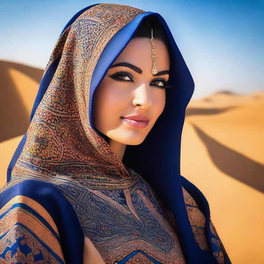 A portrait of an attractive Arabic woman with traditional attire, featuring intricate patterns and vibrant colors