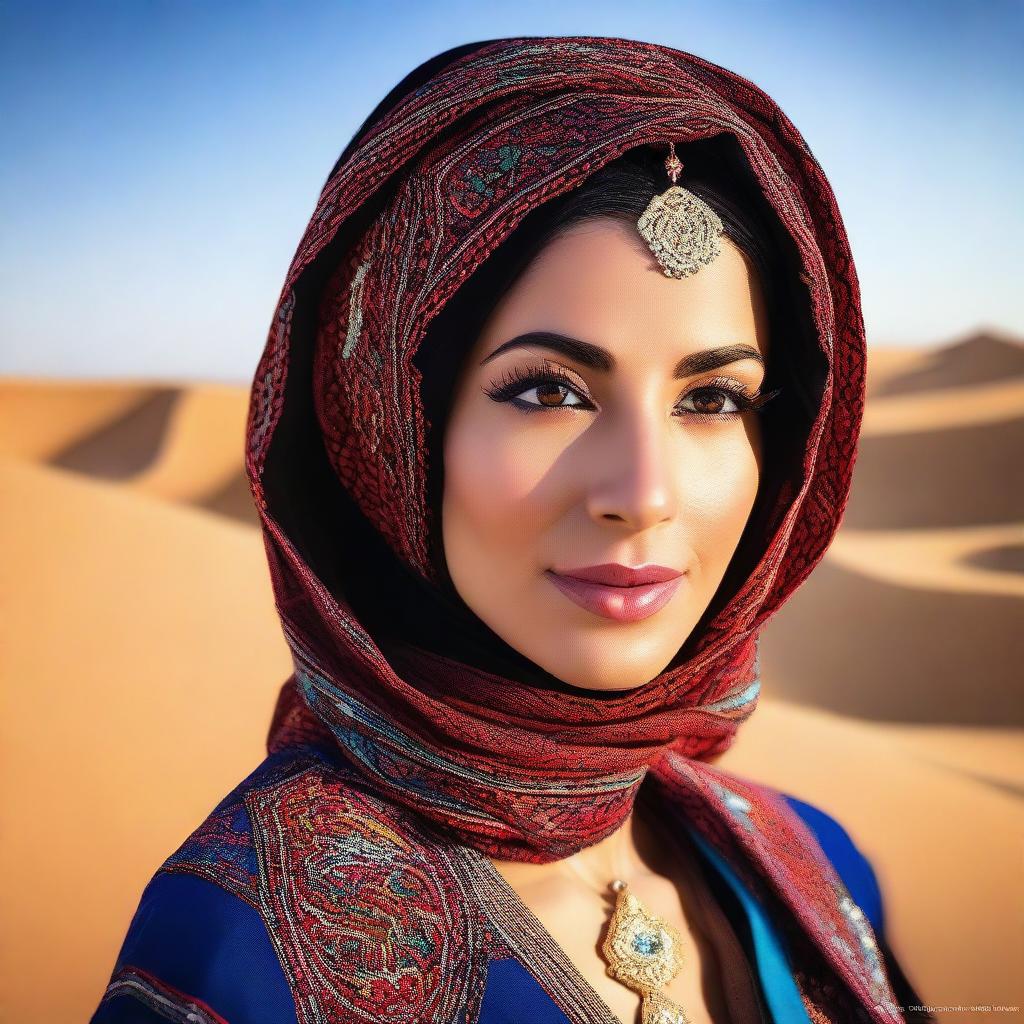 A portrait of an attractive Arabic woman with traditional attire, featuring intricate patterns and vibrant colors