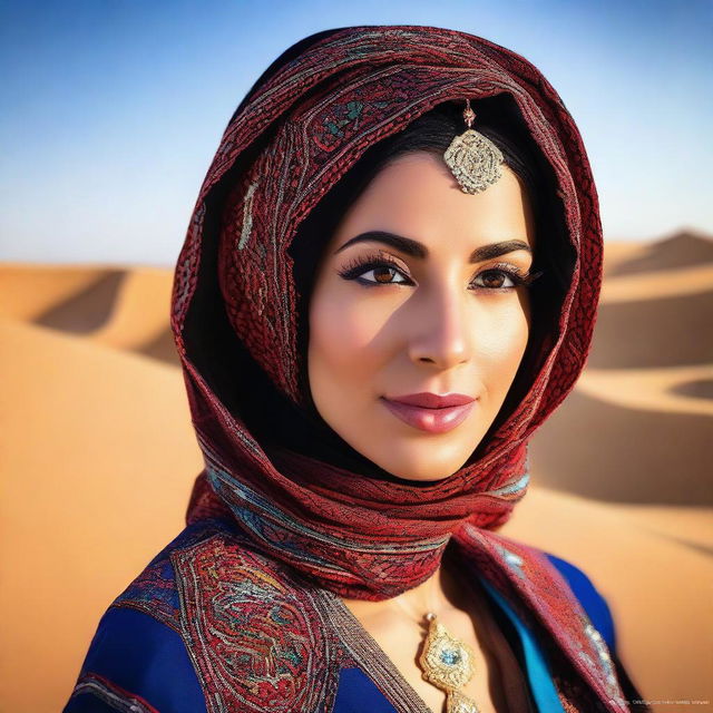 A portrait of an attractive Arabic woman with traditional attire, featuring intricate patterns and vibrant colors