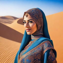 A portrait of an attractive Arabic woman with traditional attire, featuring intricate patterns and vibrant colors