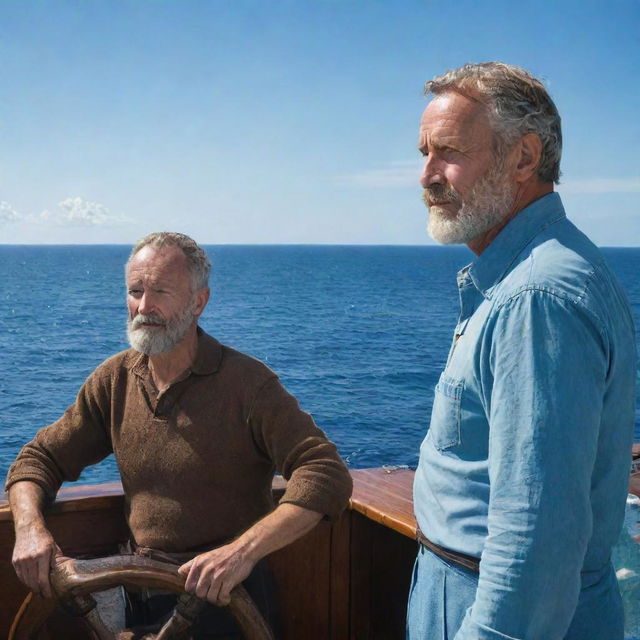 Two rugged men at sea, one steering the ship and the other looking out to the horizon, surrounded by the blue, vast ocean under a serene azure sky.