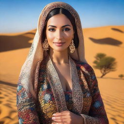 A portrait of an attractive Arabic woman with traditional attire, featuring intricate patterns and vibrant colors