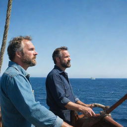 Two rugged men at sea, one steering the ship and the other looking out to the horizon, surrounded by the blue, vast ocean under a serene azure sky.