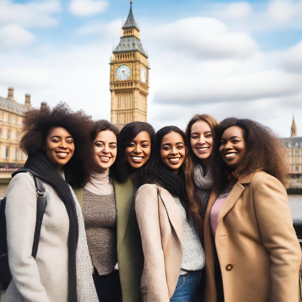 A group of seven women enjoying a women-only trip to London