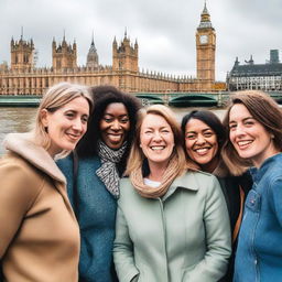 A group of seven women enjoying a women-only trip to London