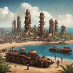 A graphic representation of Togo inspired by steampunk aesthetics, showcasing Lome cityscape permeated with retro-futuristic machinery, the lush landscape transformed by steam-powered elements, and tranquil beaches frequented by intricate gear-infused leisure devices.