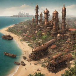 A graphic representation of Togo inspired by steampunk aesthetics, showcasing Lome cityscape permeated with retro-futuristic machinery, the lush landscape transformed by steam-powered elements, and tranquil beaches frequented by intricate gear-infused leisure devices.