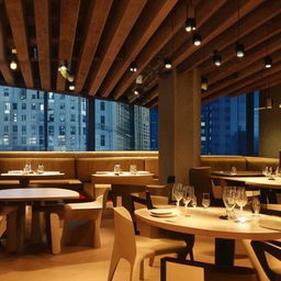 A stylish and modern restaurant with minimalistic design. The dining area filled with geometrically shaped furniture, an open-concept kitchen, sleek pendant lights hanging from the ceiling, and large panoramic windows revealing a bustling cityscape.